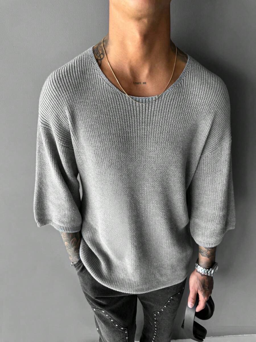 Men's Solid Color Round Neck Loose Fit Knitted Short Sleeve Top