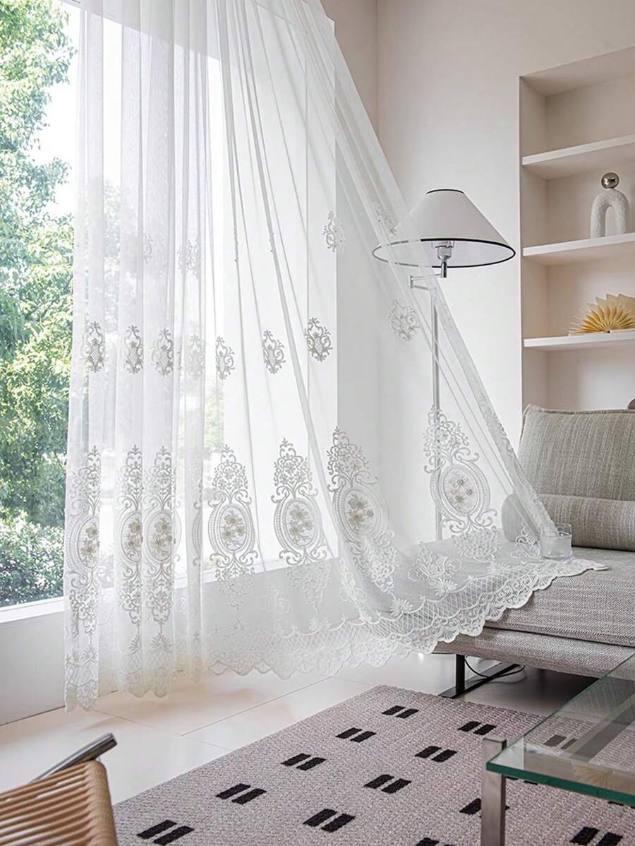 1pc Vintage Estilo Europeu Transparente Cortina de Contas, Tecido Bordado Decoração de Janela para Evitar Poeira