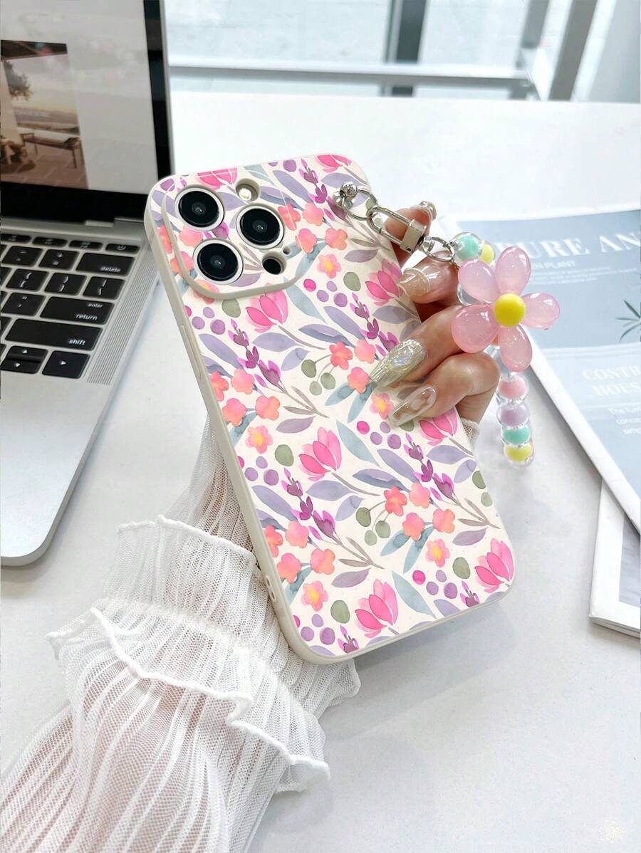1 pieza Funda de teléfono a prueba de golpes con diseño de flores acuarela ditsy de TPU blanco y 1 pieza Pulsera con flores rosas y cuentas, compatible con iPhone 15 Pro Max, A14, A54, A52, A31 4G, A23, Redmi Note 8 Pro, Note 11 Pro 4G, Note 12 4G, OPPO A54