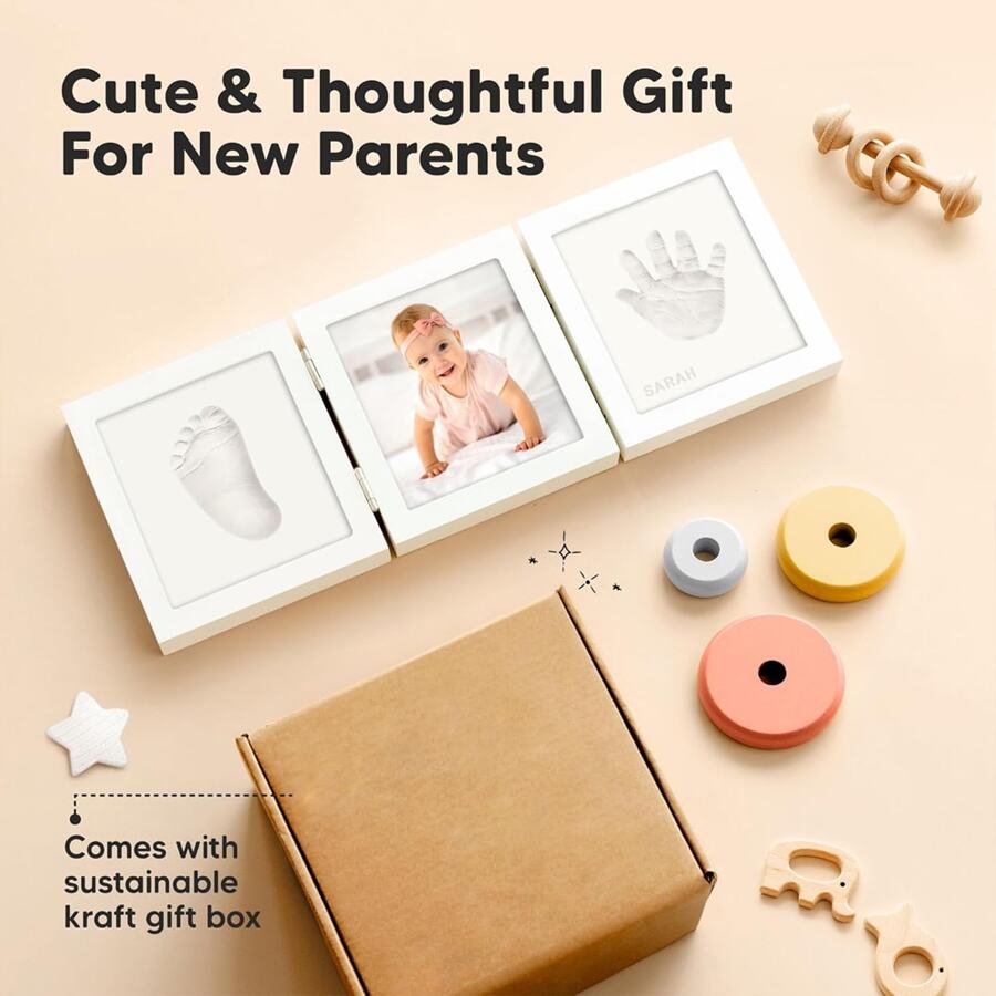 1pc Tri-Fold Photo Frame With Clay Imprint, Baby Hand And Foot Print Set, Newborn Foot Print Keepsake Kit Gifts Birthday Graduation