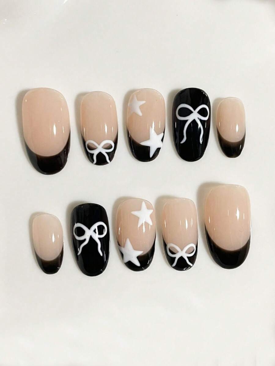 10 sztuk ręcznie robionych nakładek do manicure, owalne, japoński styl, białe paznokcie, minimalistyczny urok, ręcznie malowane gwiazdy i kokardy, czarne paznokcie, urocze sztuczne paznokcie, francuskie paznokcie typu stiletto, codzienne noszenie, artykuły do paznokci, paznokcie ślubne, paznokcie dla początkujących, odpowiednie dla kobiet na każdą okazję, zdobienie paznokci