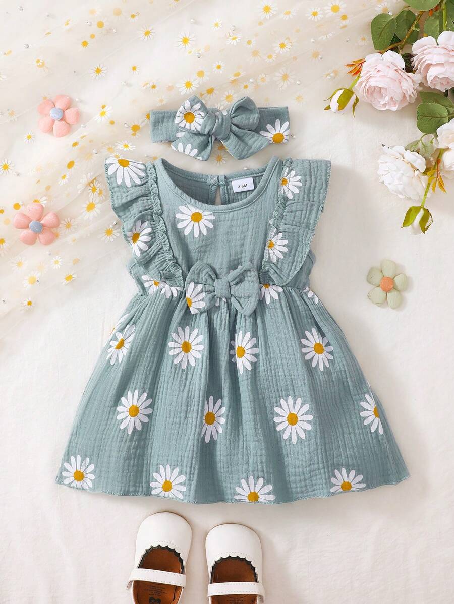 Zomerjurk voor babymeisjes - Mouwloze linnen jurk met madeliefjesprint en haarband