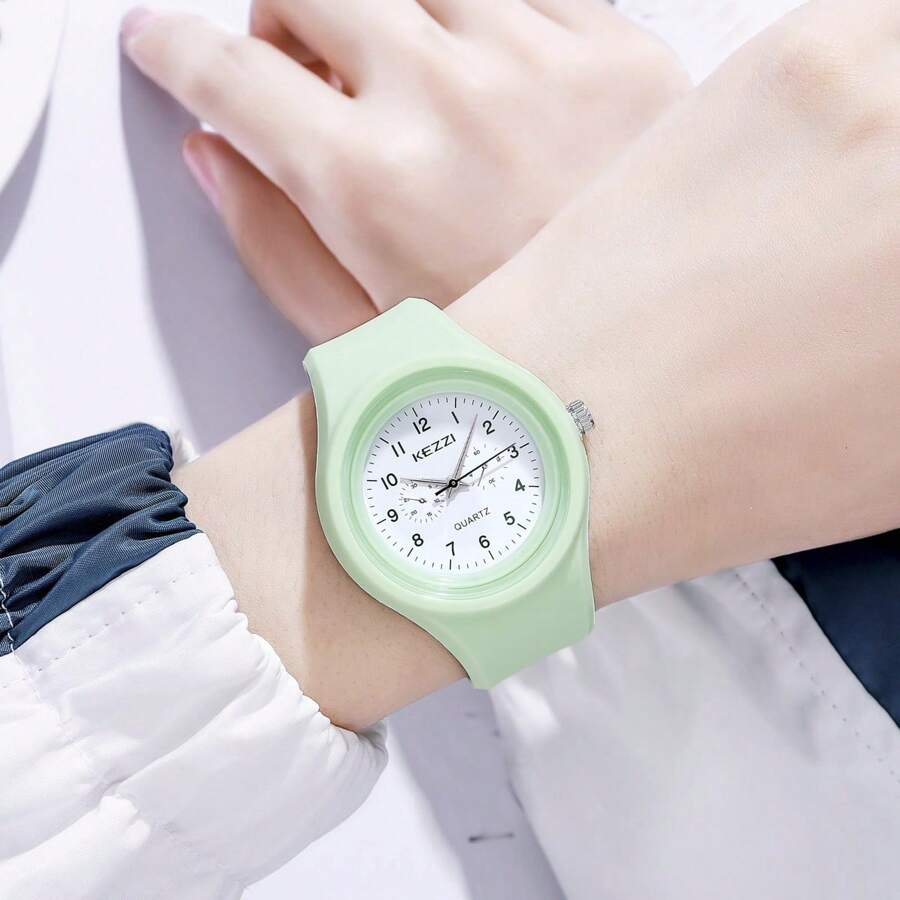 KEZZI 1 pieza Reloj de cuarzo de silicona unisex con correa a la moda, colores negro, blanco, rosa, verde, elegante por KEZZI