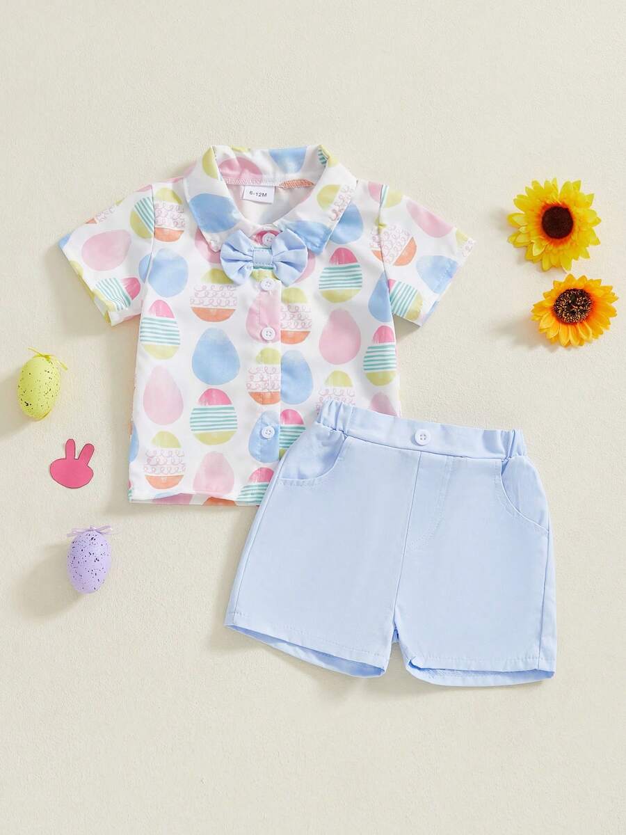 Toddler Boy Easter Shorts Set Egg Print Short Sleeve Button-Up Bow Tie Shirt Elastic Waistband Shorts
