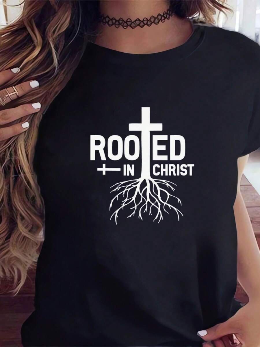 Rooted In Christ Women's T-Shirt Pure Cotton Short Sleeve T-Shirt Fun Design Comfortable Casual Sports