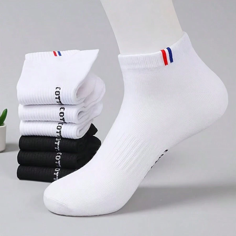6 Pairs Men's Thin Low Cut Socks, Summer Breathable Letter Print Short Black Athletic Socks
