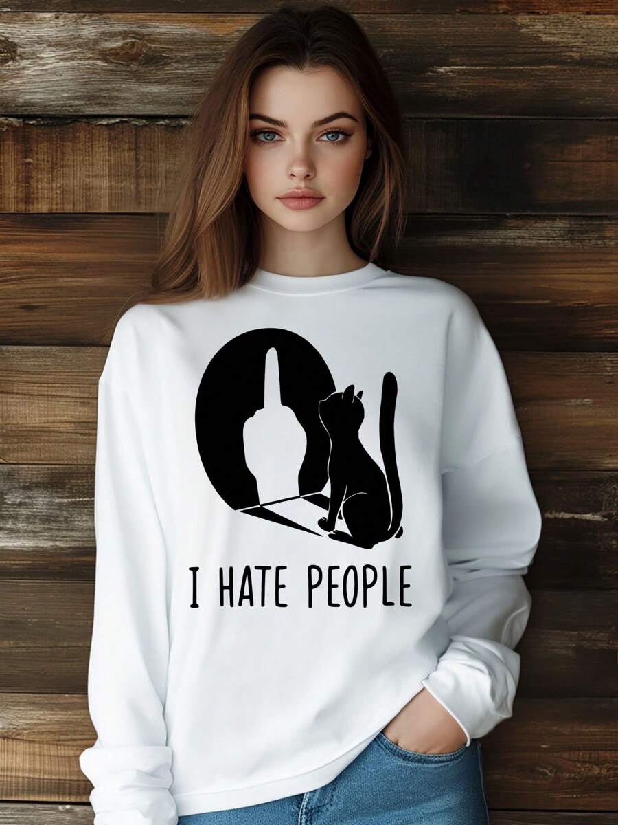 Women Cartoon Evil Cat Funny Kawaii T-Shirt Fashion Print Long Sleeve Round-Neck Loose Fit Tops Streetwear