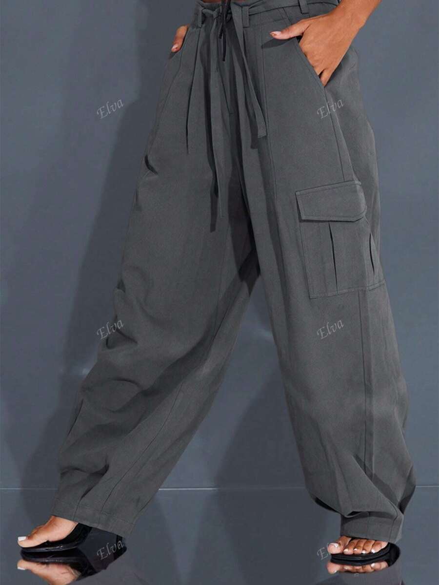Pantaloni cargo casual da donna, Boyfriend Relaxed Fit Trousers, Pantaloni lunghi estivi alla moda da signora con tasche, P Pantaloni larghi con vita e traforo, adatti per vacanze, festival musicali Quotidiani, casual, spiaggia, viaggi