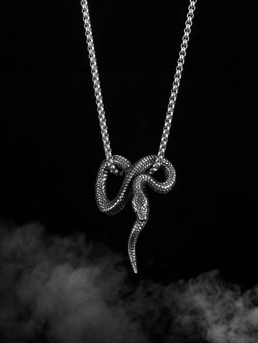 1PC Vintage Fashion Personalised Antique Silver Colour Snake Pendant Necklace Necklace, Punk Style, Suitable For Men's Daily Wear Street Style