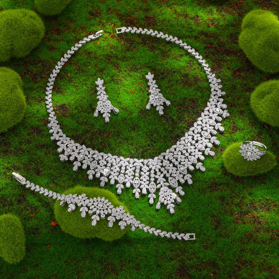 Luxury Saudi Arabia Wedding Cubic Zirconia Jewelry Set Women 4 Pieces Necklace Earrings Set Bridal Accessories