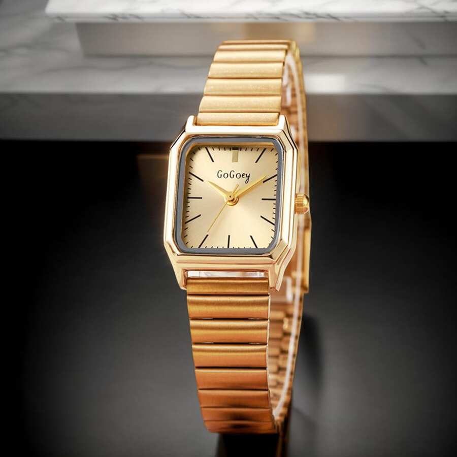1pc Women's Gold Elegant Stainless Steel Strap Quartz Watch, Simple Style , Great For Festival Present