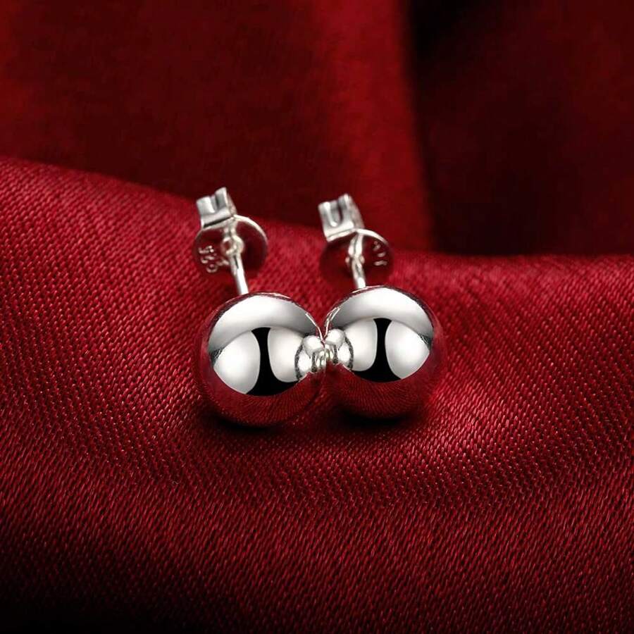Brincos de prata esterlina 925 8/10 mm redondos, lisos, com contas sólidas, para mulheres, joias para festa de casamento e noivado