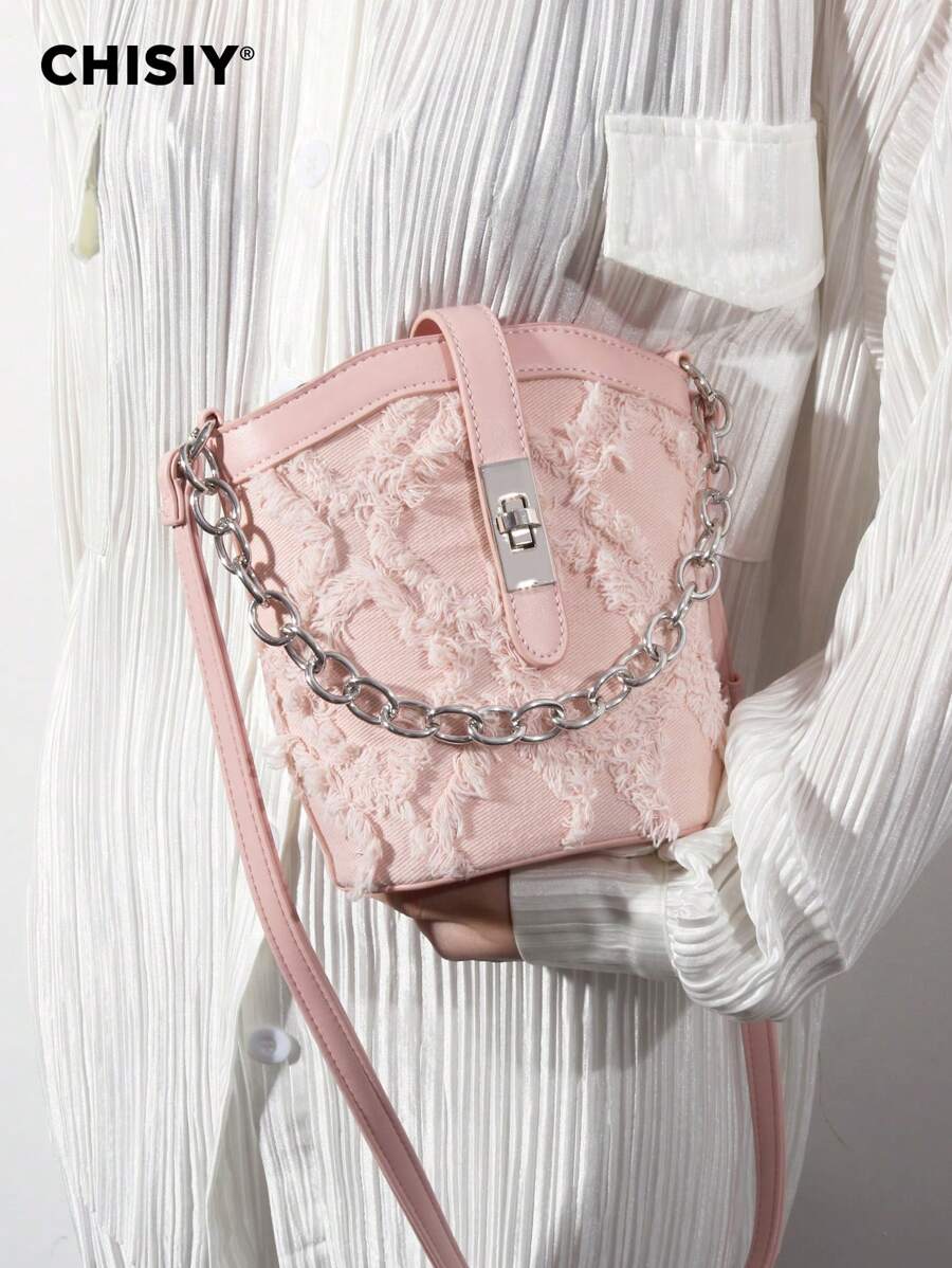 CHISIY Handmade Orignal Kyoto Diamond Texture Tassel Chain Pink Faux Leather Fabric Fashion Bucket Bag, Elegant Business High Capacity Women Commuter Bag, Casual Student Simple Music Festival Shoulder Bag, New Year Gift, Valentine's Day Gift, Suitable For Work, Shopping, Vacation, Travel, Party, Autumn/Winter, Crossbody Bag