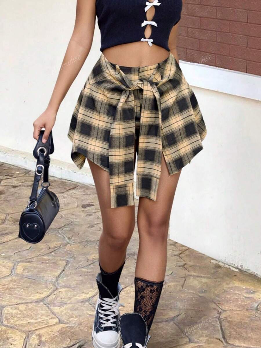 Y2K Street Plaid Print Tie Front Asymmetrical Hem With Cover Up Shorts