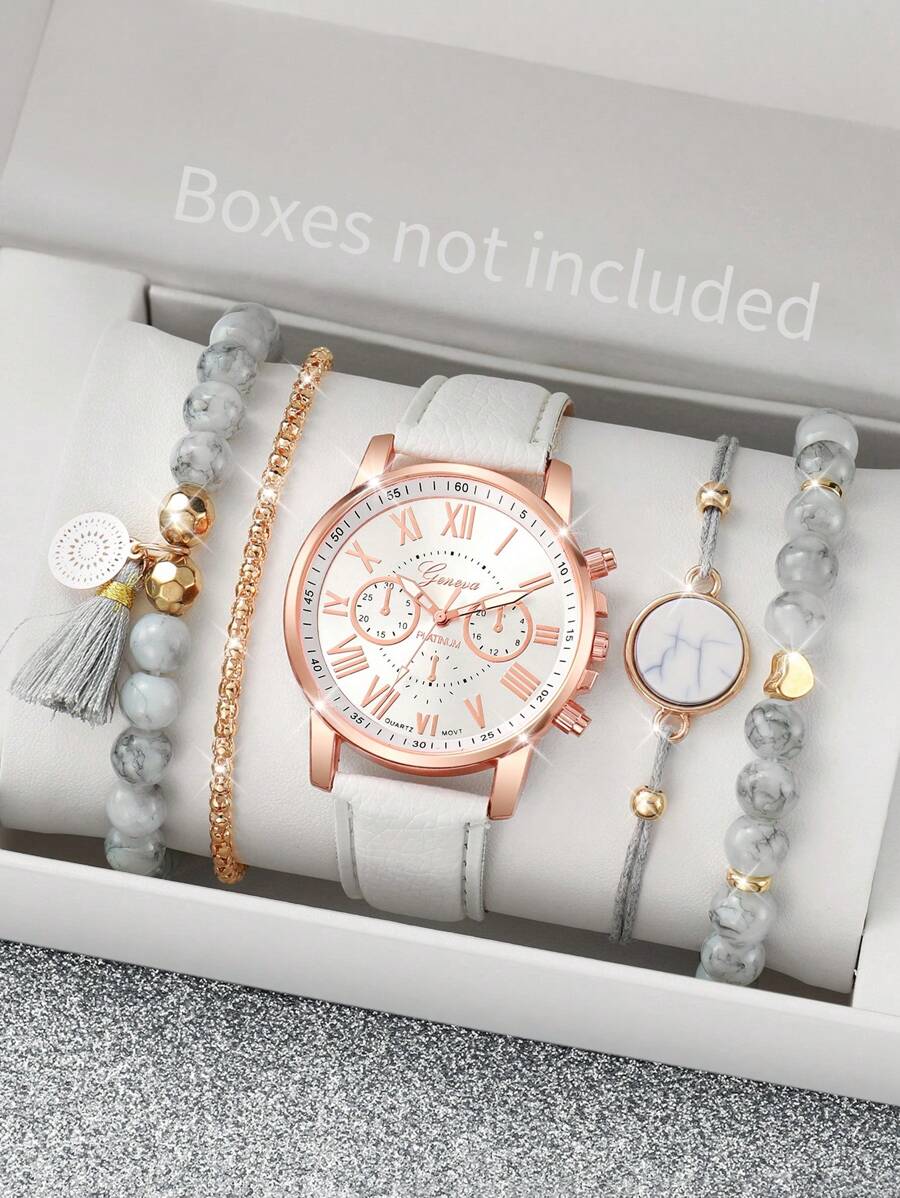 5 pièces/Set Montre-bracelet à quartz avec cadran romain minimaliste décontracté pour femmes et set de bracelet à perles, mode, sans boîte de montre