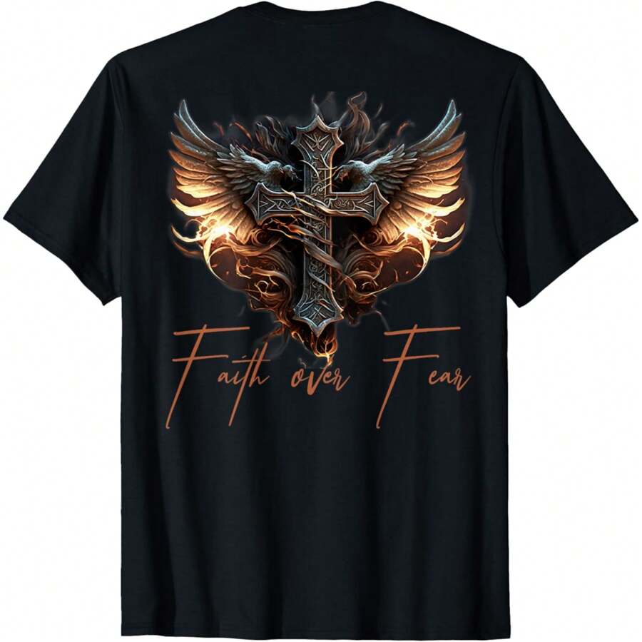 Biker Angel Wings Christian Cross Faith Over Fear - On Back T-Shirt