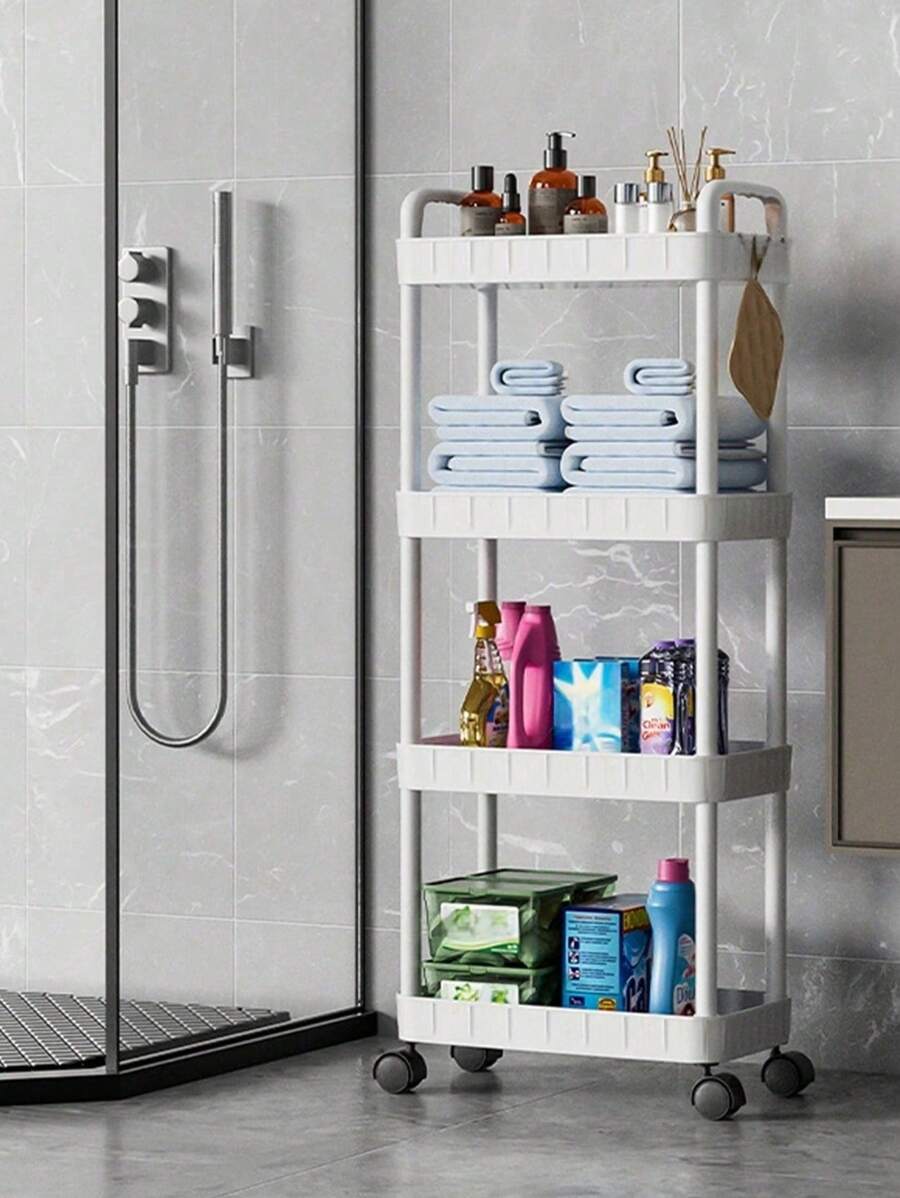 1pc Bathroom/Kitchen Trolley Storage Rack, Multi-Layer Movable Floor Organizer, Suitable For Bathroom, Kitchen, Bedroom, Living Room, Nursery