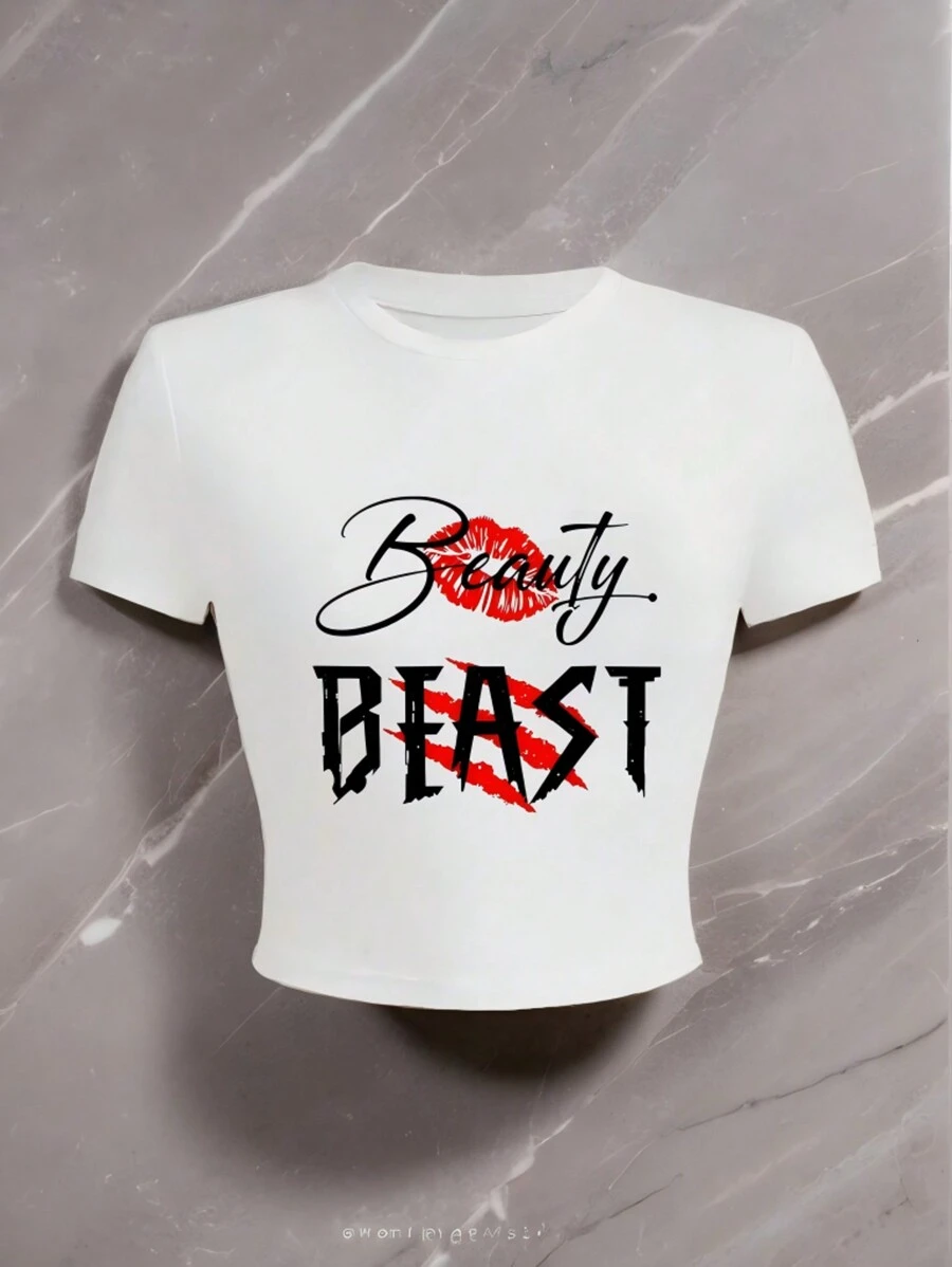 Camiseta corta de manga corta con estampado de labios y eslogan, cuello redondo, ajustada, para mujer, estilo casual, para primavera y verano
