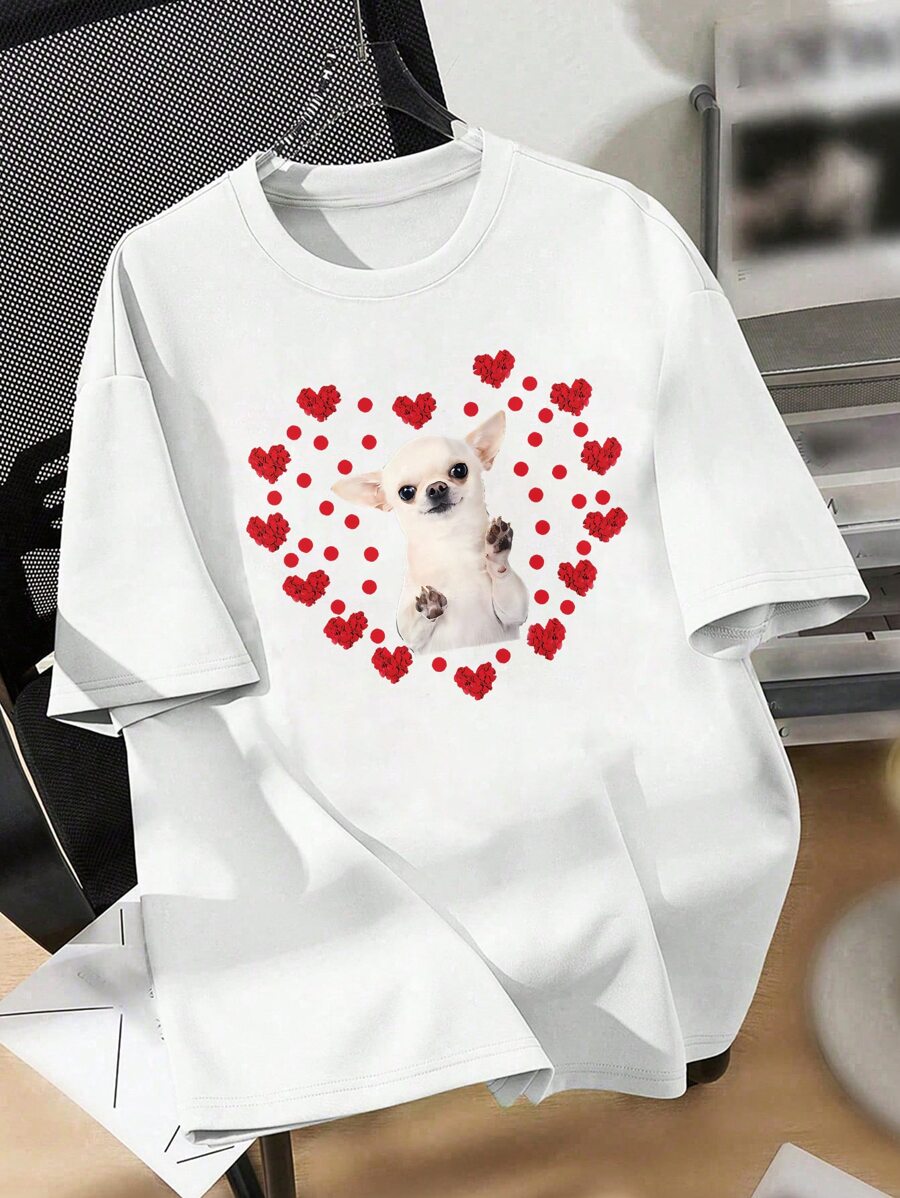 Love Dog Printed Fashion, Simplicity, Spring And Summer New Versatile Women's Casual Round Neck T-Shirt