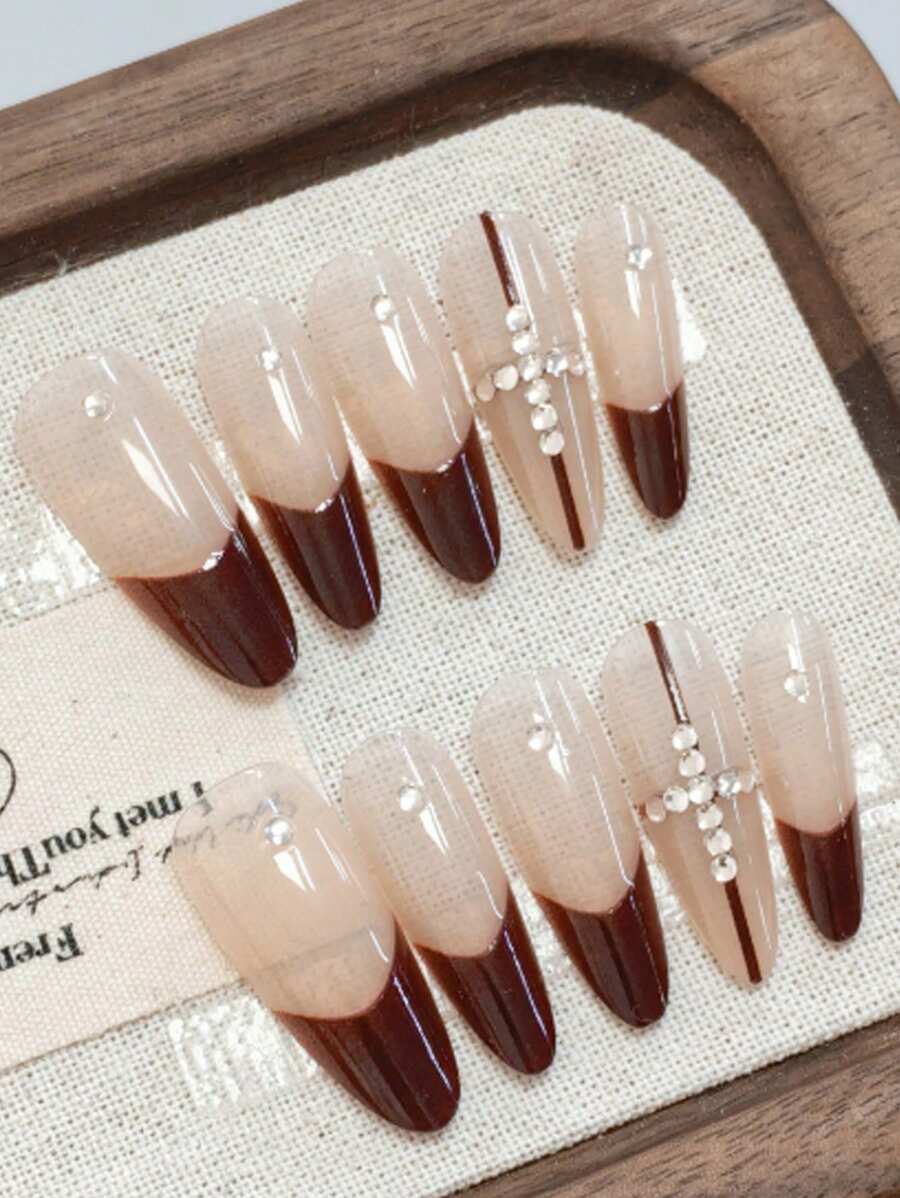 10 stuks Full Cover Almond Tip French Manicure Nageltips, Glanzend, Verwijderbaar, Balletstijl, Verlengende Vingers, Mode Nail Art Decor Accessoires Voor Feesten, Evenementen, Dagelijks Gebruik, Met 1 st Nagelvijl En 1 st Gel Buffer Press On Nails