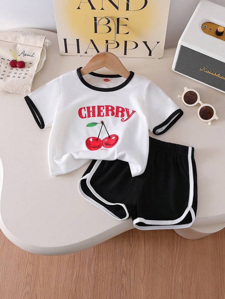 2pcs Young Girl Casual Cherry Print Top And Minimalist Versatile Shorts Set