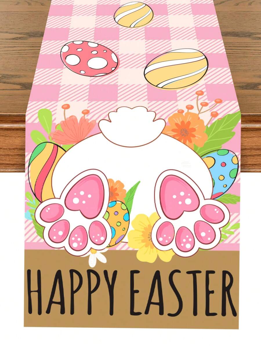 1pc Easter Polyester Table Runner, Happy Easter Table Runner, Cute Pink Checked Rabbit Bunny Easter Egg Pattern Table Cover, Easter Atmospheric Table Runner, Holiday Desktop Decoration, Spring Table Decoration, Easter Decor, Birthday Party Supplies