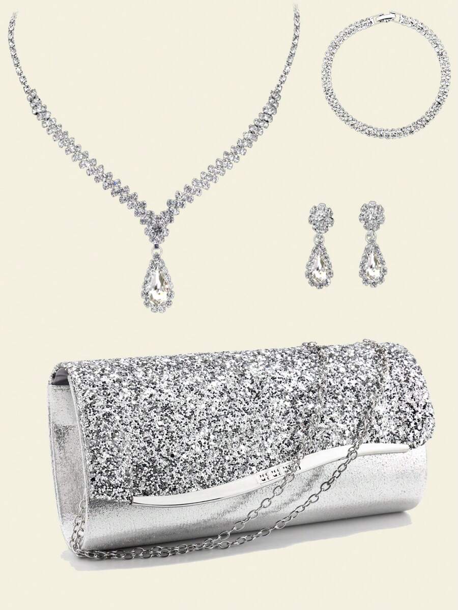 Elegante Strass Ketting Oorbellen Armband Sieraden Set Voor Bruiloft Bruidsvrouwen Strass Avond Clutch Tassen Bruids Bruiloft Glitter Bling Perfect Prom Diner Bijpassende Jurk Formele Jurk
