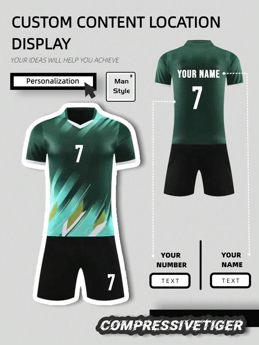 2pcs Personalized Soccer Jersey - Customizable Name And Number Print Short Sleeve T-Shirt + Shorts Co-Ord Dragon Pattern Quick-Drying Sweat-Absorbing Sports Set As Gift