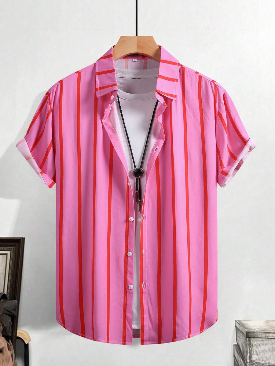 Camisa de manga corta de rayas rosa casual para hombre, ropa de verano ligera para vacaciones