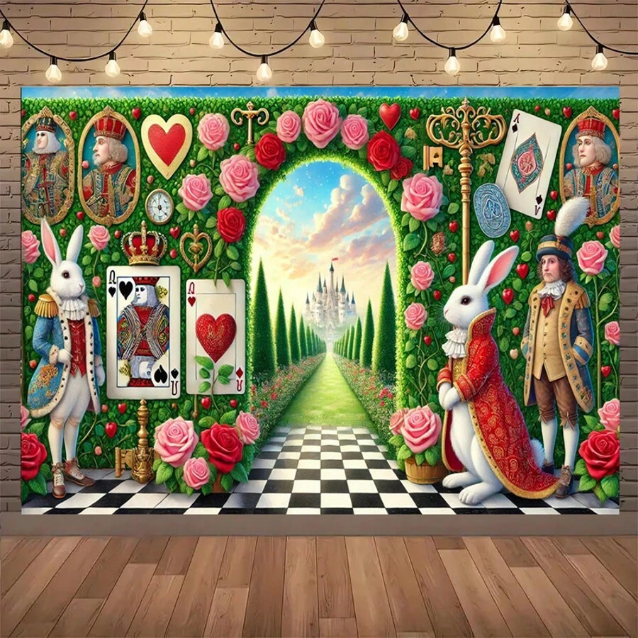 1 pieza Fondo de banner romántico de jardín de las maravillas, diseño de temática de las maravillas, decoración de fondo de fotografía de fiesta, selección de varios tamaños, banner de fiesta festiva, fondo de fotografía para interiores y exteriores, sin requisitos de alimentación eléctrica