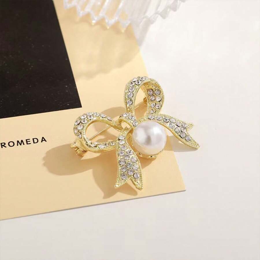1pc Delicate Pearl Brooch With Bow, Corsage Accessory Pin For Suit Coat, Suitable For Daily Wear, Ideal Wedding Gift