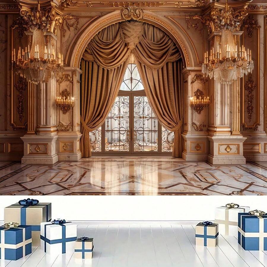 Fond photo de style palais avec lustre et porte voûtée, réalisé en matériau polyester polyvalent, convient pour la photographie de portrait d'adulte et la prise de vue en studio, peut être utilisé comme décoration élégante pour les événements de printemps et d'été - 1 pièce