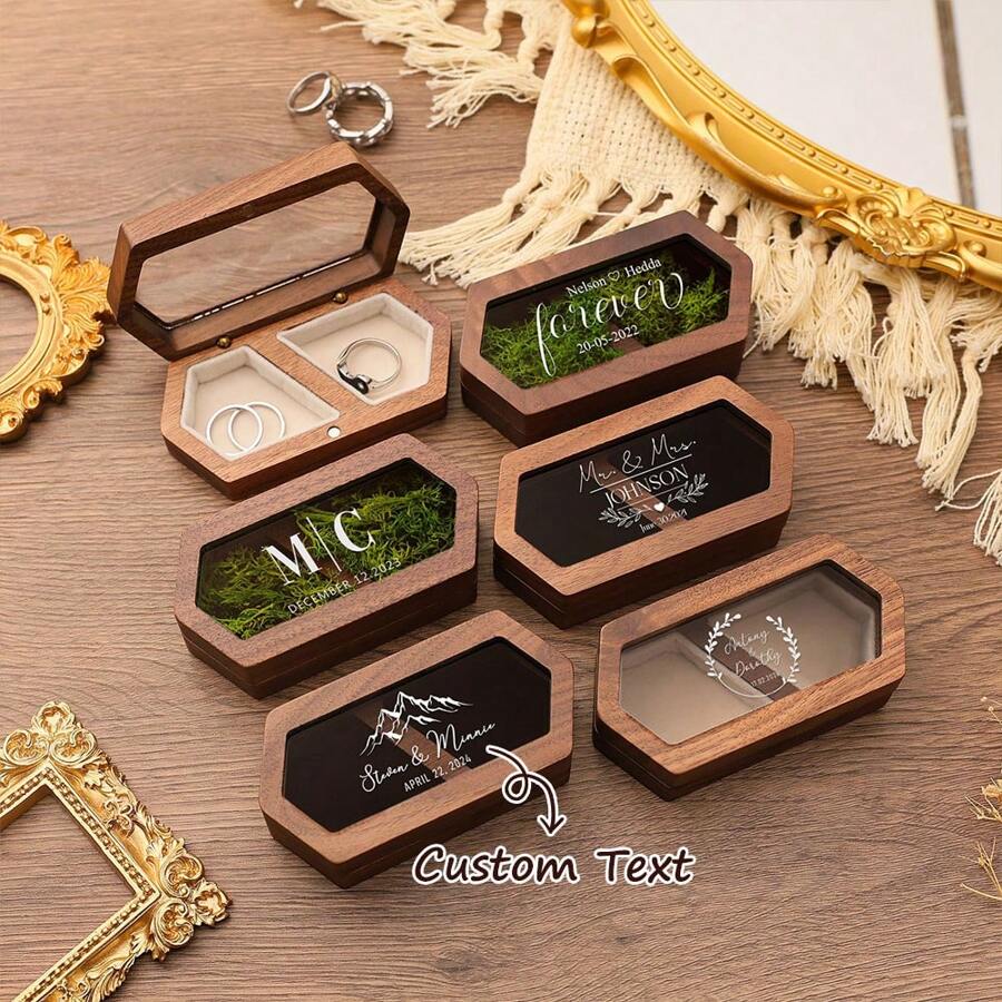 Personalized Wedding Ring Box - Carved Wooden Double-Grooved Ring Box For Proposal - Custom Rustic Ring Box For Engagements, Weddings, And Anniversaries - Vintage And Unique Gift For Mom, Dad, Family, Valentine's Day, And All Wedding Celebrations - Perfect For Outdoor Weddings, Beach Ceremonies, And Intimate Gatherings