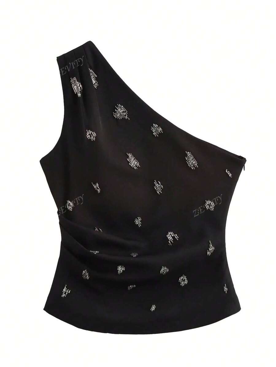 ZEVITY Women's Asymmetric Beaded Decor Sleeveless Top, Simple Fashion Daily Casual
