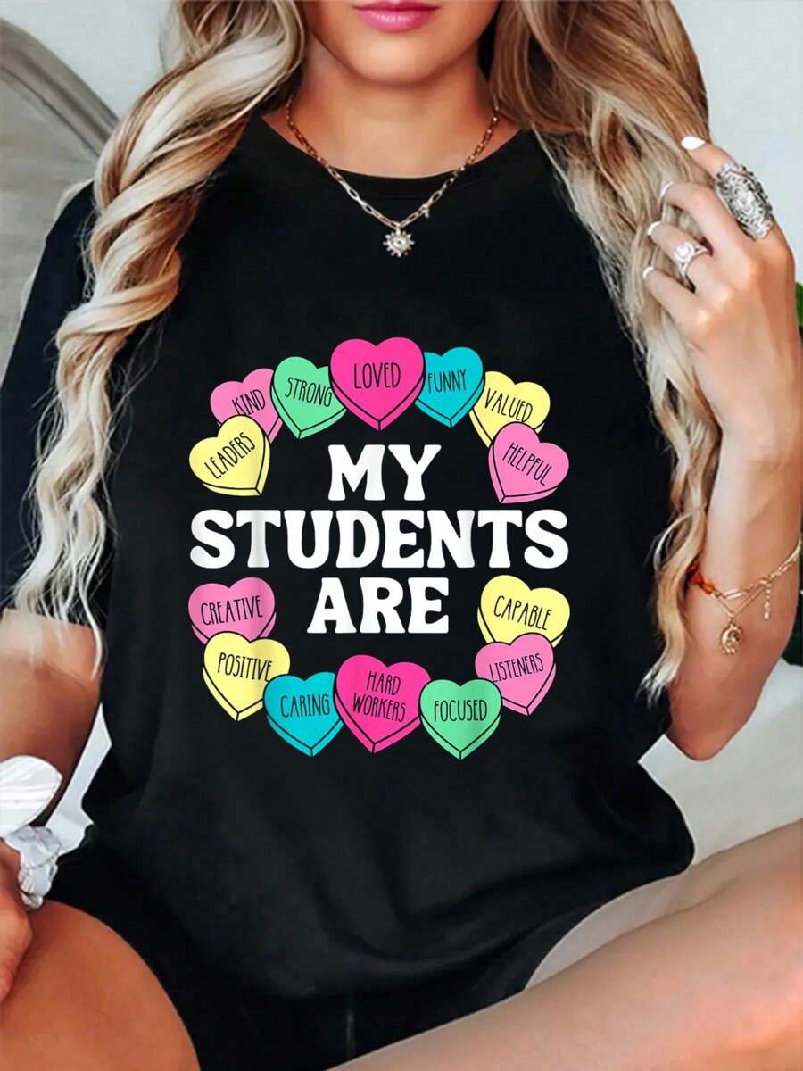 100% Cotton Retro Candy Heart Teacher Valentine's Positive Affirmation T-Shirt Printed Cotton T-Shirts For Summer, Soft And Breathable, Fashionable And Comfortable Graphic Women Graphic Tees
