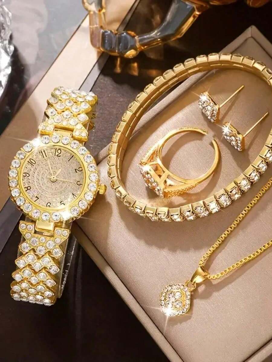 6 pièces Montres Élégantes Avec Strass, En Acier Inoxydable, Mode Simple, Montre Bracelet De Luxe Pleine De Strass Quartz