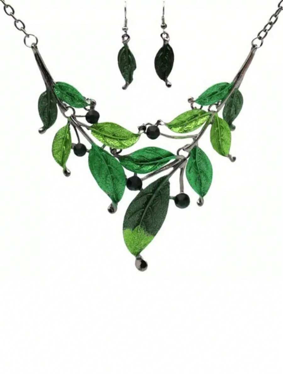 1 set Collier pendentif à feuilles émaillées colorées vintage et boucles d'oreilles pour femmes