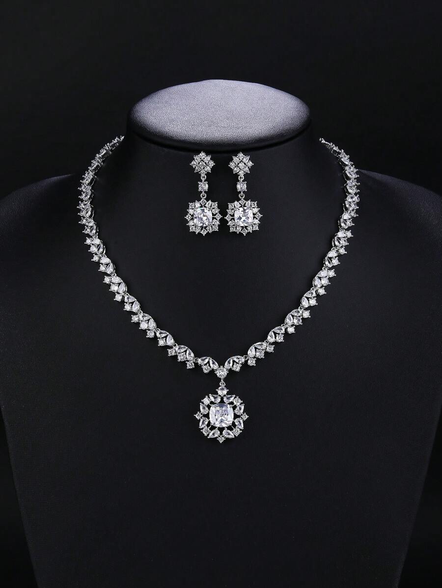 1 Set de 3 piezas de Collar y Aretes de Joyería de Boda con Incrustaciones de Cobre y Circonita Cúbica de Lujo, Accesorios de Vestido de Boda a Juego para Fiesta y Ceremonia