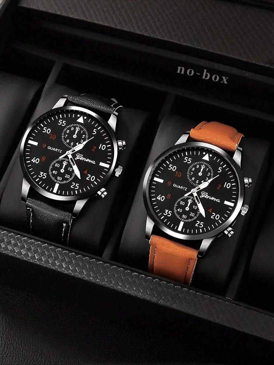 2 Peças Relógio De Quartzo Masculino Com Pulseira De Pu Preta Casual Estilo Empresarial, Adequado Para Viagens Diárias, Festas, Passeios
