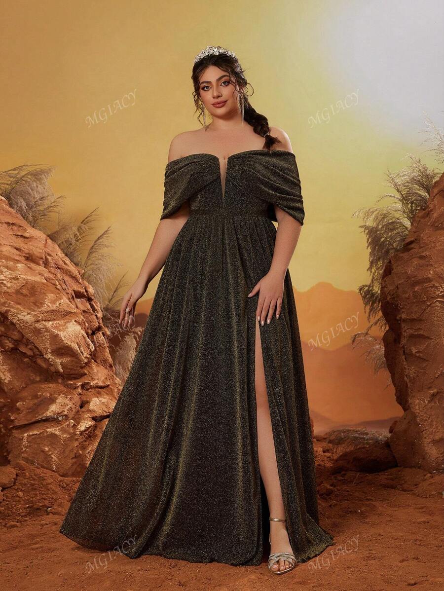 Mgiacy Plus Size V-Neck Off Shoulder Ruched Colorblock High Slit Maxi Dress, Party Dress, Wedding Guest Dress, Formal Dress, Evening Dress,Gown