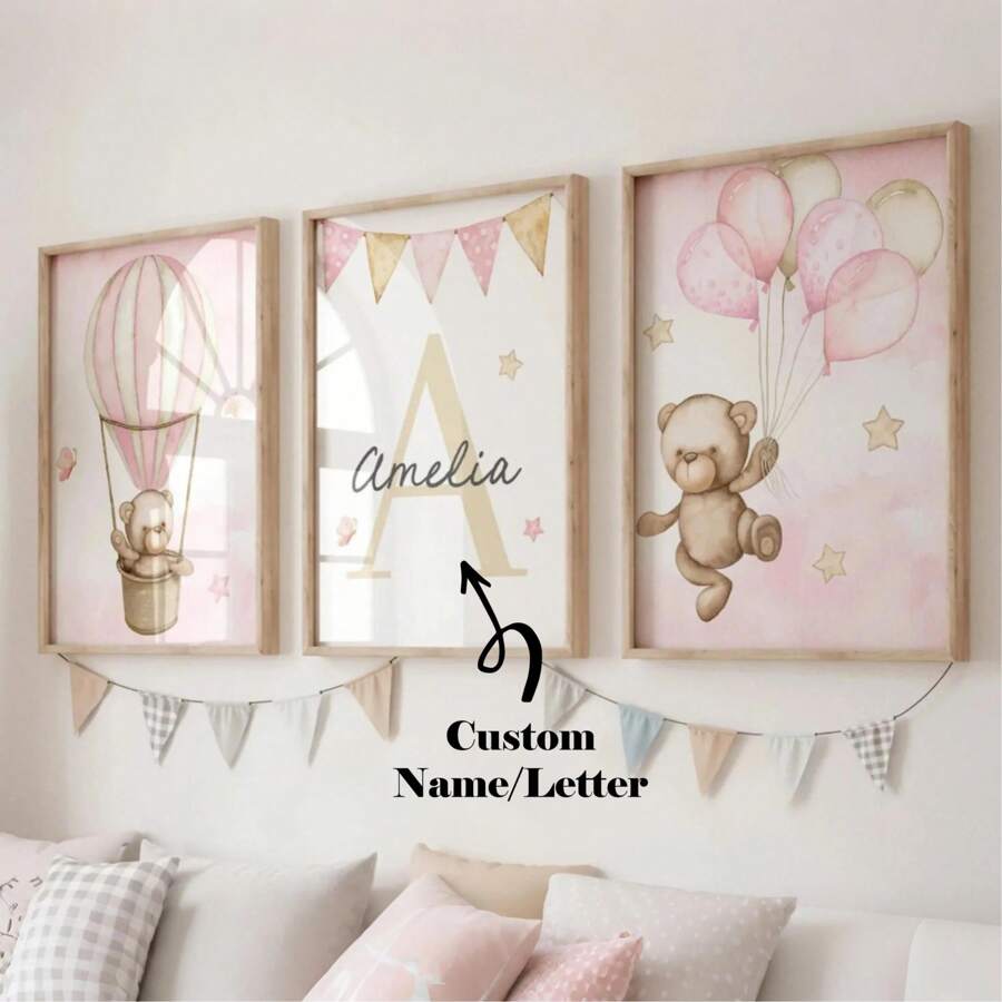 3pcs/Set Customizable Frameless Canvas Wall Art Posters - Personalized Name Wall Art, Customizable Teddy Bear Wall Art, Personalized Name Teddy Bear Wall Painting Decor, Painting Of Hot Air Balloon, Stars, Butterfly, Flag, Balloon, Personalized Initial Letter Logo, Neutral Bedroom Decor Customization, Suitable For Dining Room, Living Room, Bedroom Refresh Birthday Graduation,Home Refresh