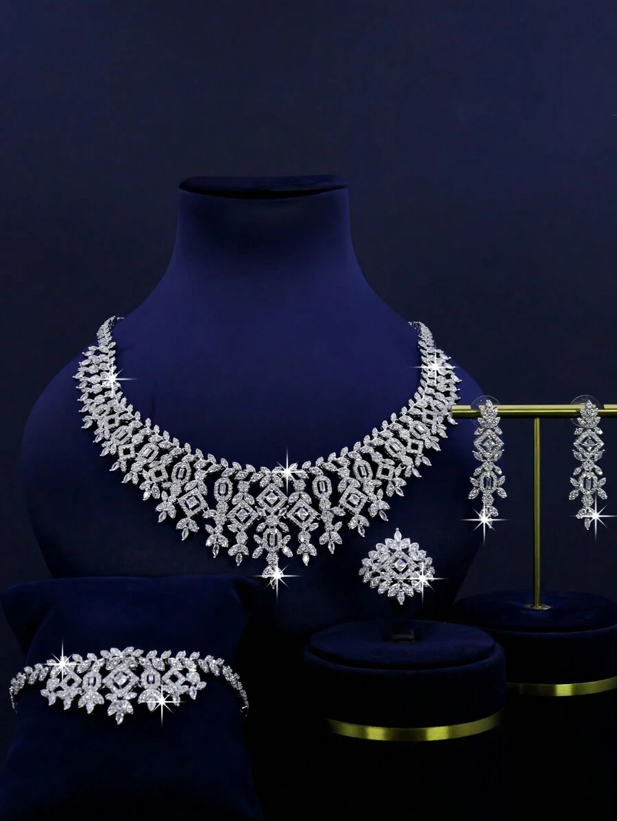 5 pièces Série royale de luxe Ensemble de bijoux de mariage à design de feuille, comprenant un collier, un bracelet, des boucles d'oreilles, une bague, sertis de cubic zirconia. Convient pour un port quotidien et un mariage. Cadeau pour l'anniversaire (boîte cadeau premium incluse)