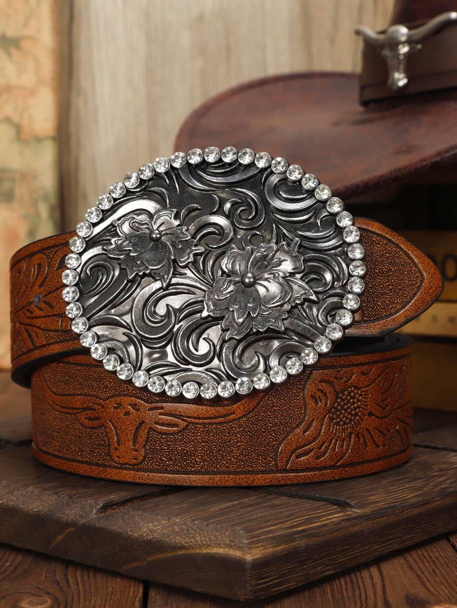 1pc Fashion Texas Long Horn Embossed Pattern Men's Belt/Men's Retro Belt/Cowboy Men's Belt/Camel Retro Leather Western Fashion Punk Party Style Alloy Round Pointed Decorative Buckle Cowboy Belt Boys' Jeans Party, Ball, Sparkling Decoration, Outing, Daily Leisure Outing Dress