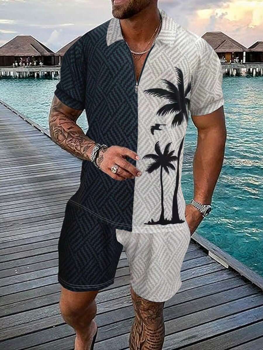 PONCHIOE Ensemble polo à manches courtes et short, style vacances, imprimé tropical, couleur unie pour homme PONCHIOE. Chemise à demi-zip, tenue de vacances tropicales, vêtement de plage, tenue pour la fête des pères
