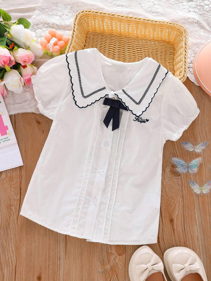 Top de Botões de Manga Curta para Meninas, Top Casual Elegante com Gola de Laço e Manga Bufante para Estudantes do Ensino Fundamental, Top Branca para Meninas Pequenas e Pré-Adolescentes, Novo Lançamento de Verão
