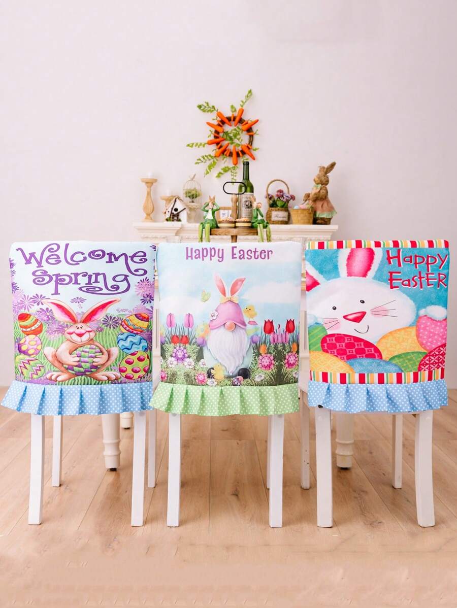1 pieza Decoración de Pascua Funda para silla de imitación de lino impreso con diseño de conejo