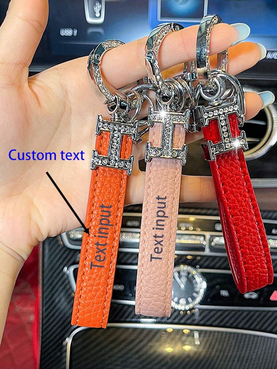 1pc Customized Text Personalized Car Leather Keychain For Men And Women