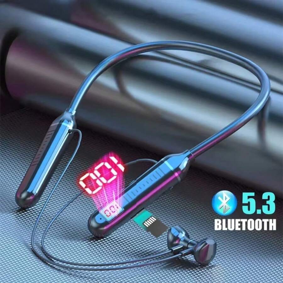 BT Wireless Earphones Bluetooth 5.3 Neckband Headphones 200mAh Gaming LED Display HIFI Headset Sports TWS Earbuds With Mic TF Card
