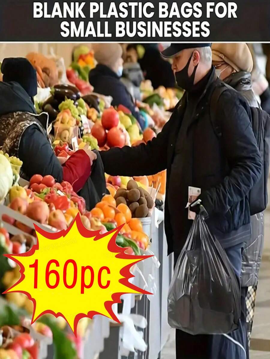160 sztuk czarnych, pogrubionych torebek opakowaniowych z uchwytem, wielofunkcyjne torby na zakupy do przechowywania artykułów spożywczych, warzyw, owoców, przekąsek - i wygodne, odpowiednie do supermarketów, restauracji, handlu detalicznego, organizacji domu