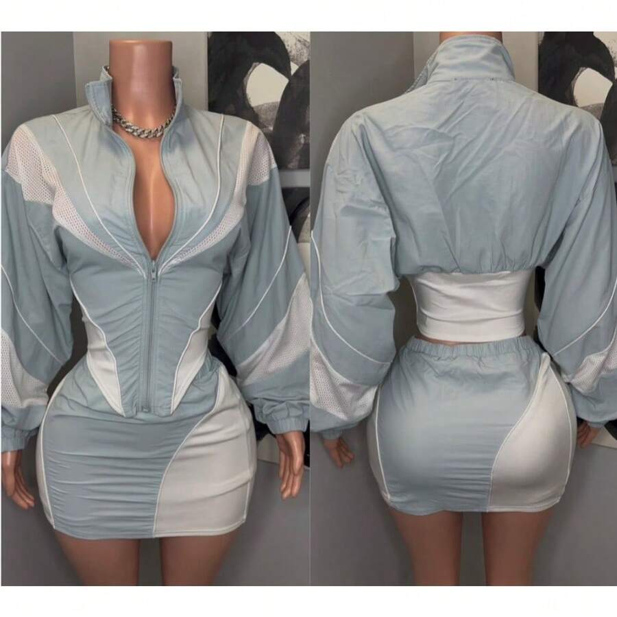 Conjunto de chaqueta y falda de estilo europeo y americano holgado y casual, de color block, manga larga, nueva llegada de otoño 2024 para mujeres